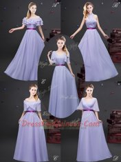 Charming Off the Shoulder Sleeveless Chiffon Floor Length Zipper Damas Dress in Lavender with Ruffled Layers and Ruching and Belt