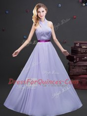 Charming Off the Shoulder Sleeveless Chiffon Floor Length Zipper Damas Dress in Lavender with Ruffled Layers and Ruching and Belt