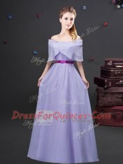 Charming Off the Shoulder Sleeveless Chiffon Floor Length Zipper Damas Dress in Lavender with Ruffled Layers and Ruching and Belt