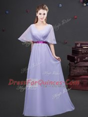 Charming Off the Shoulder Sleeveless Chiffon Floor Length Zipper Damas Dress in Lavender with Ruffled Layers and Ruching and Belt