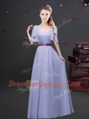 Charming Off the Shoulder Sleeveless Chiffon Floor Length Zipper Damas Dress in Lavender with Ruffled Layers and Ruching and Belt