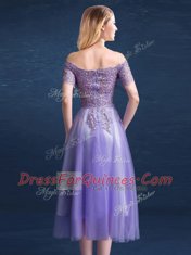 Lavender Tulle Zipper Off The Shoulder Short Sleeves Tea Length Damas Dress Beading and Lace