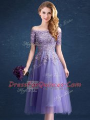 Lavender Tulle Zipper Off The Shoulder Short Sleeves Tea Length Damas Dress Beading and Lace