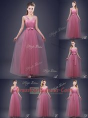 Dazzling Pink Tulle Lace Up Vestidos de Damas Sleeveless Floor Length Appliques and Ruching and Bowknot