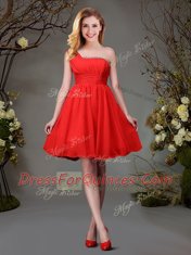 Edgy One Shoulder Red Sleeveless Mini Length Beading and Ruching Zipper Quinceanera Court of Honor Dress