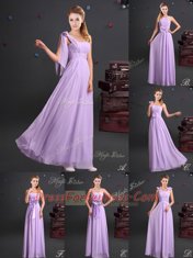 One Shoulder Lavender Empire Ruching and Bowknot and Hand Made Flower Damas Dress Zipper Chiffon Sleeveless Floor Length