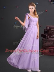 One Shoulder Lavender Empire Ruching and Bowknot and Hand Made Flower Damas Dress Zipper Chiffon Sleeveless Floor Length