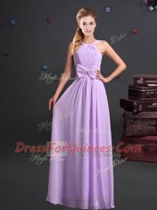 One Shoulder Lavender Empire Ruching and Bowknot and Hand Made Flower Damas Dress Zipper Chiffon Sleeveless Floor Length
