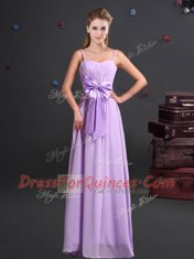 One Shoulder Lavender Empire Ruching and Bowknot and Hand Made Flower Damas Dress Zipper Chiffon Sleeveless Floor Length