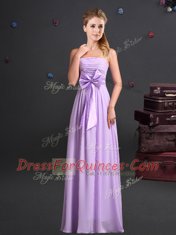 One Shoulder Lavender Empire Ruching and Bowknot and Hand Made Flower Damas Dress Zipper Chiffon Sleeveless Floor Length