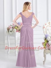 Lavender Chiffon Zipper Sweetheart Cap Sleeves Floor Length Court Dresses for Sweet 16 Beading and Ruching