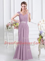 Lavender Chiffon Zipper Sweetheart Cap Sleeves Floor Length Court Dresses for Sweet 16 Beading and Ruching