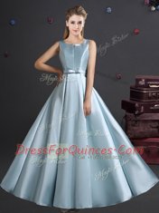 Straps Light Blue Sleeveless Floor Length Bowknot Zipper Vestidos de Damas