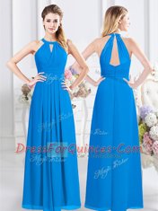 Chiffon Halter Top Sleeveless Zipper Ruching Vestidos de Damas in Baby Blue