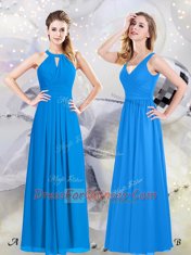 Chiffon Halter Top Sleeveless Zipper Ruching Vestidos de Damas in Baby Blue