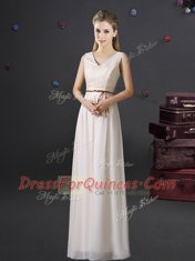 Lace and Belt Vestidos de Damas White Lace Up Sleeveless Floor Length