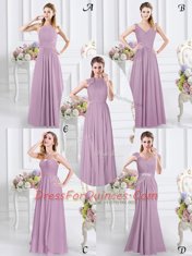 Lavender Chiffon Zipper Vestidos de Damas Cap Sleeves Floor Length Beading and Ruching