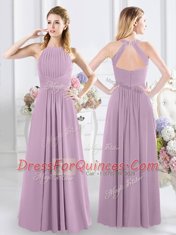 Lavender Chiffon Zipper Vestidos de Damas Cap Sleeves Floor Length Beading and Ruching