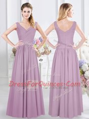 Lavender Chiffon Zipper Vestidos de Damas Cap Sleeves Floor Length Beading and Ruching