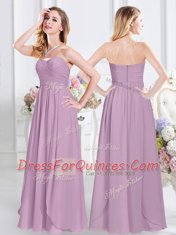 Lavender Chiffon Zipper Vestidos de Damas Cap Sleeves Floor Length Beading and Ruching