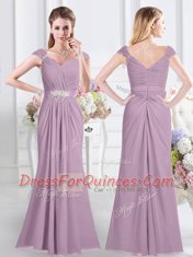 Lavender Chiffon Zipper Vestidos de Damas Cap Sleeves Floor Length Beading and Ruching