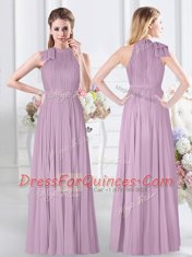 Lavender Chiffon Zipper Vestidos de Damas Cap Sleeves Floor Length Beading and Ruching