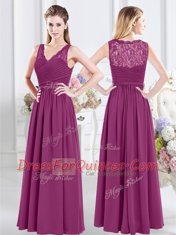 Customized Sleeveless Side Zipper Floor Length Lace and Ruching Quinceanera Dama Dress