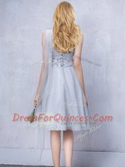 Amazing Grey A-line One Shoulder Sleeveless Tulle Knee Length Lace Up Lace and Appliques and Belt Court Dresses for Sweet 16