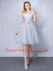 Amazing Grey A-line One Shoulder Sleeveless Tulle Knee Length Lace Up Lace and Appliques and Belt Court Dresses for Sweet 16