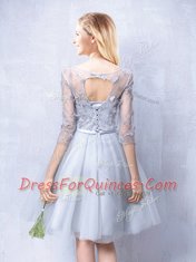 Superior Grey A-line Tulle Scoop Half Sleeves Lace and Appliques and Belt Knee Length Lace Up Dama Dress