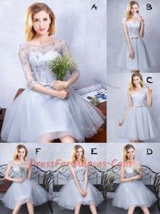 Superior Grey A-line Tulle Scoop Half Sleeves Lace and Appliques and Belt Knee Length Lace Up Dama Dress
