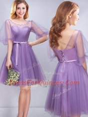 Pretty Lavender Tulle Lace Up Scoop Half Sleeves Mini Length Vestidos de Damas Appliques and Ruching and Belt