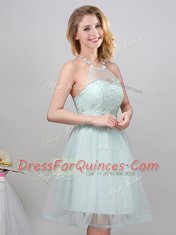 Halter Top Apple Green Sleeveless Tulle Lace Up Court Dresses for Sweet 16 for Prom and Party and Wedding Party