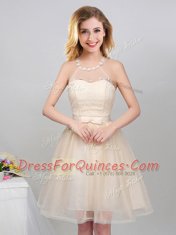 Halter Top Tulle Sleeveless Mini Length Quinceanera Court of Honor Dress and Lace and Appliques and Belt