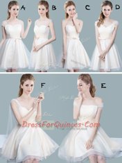 Attractive Straps Cap Sleeves Knee Length Zipper Quinceanera Court of Honor Dress Champagne for Prom and Party and Wedding Party with Ruching and Bowknot