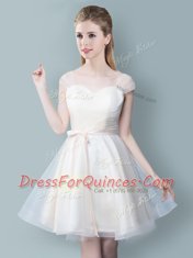 Attractive Straps Cap Sleeves Knee Length Zipper Quinceanera Court of Honor Dress Champagne for Prom and Party and Wedding Party with Ruching and Bowknot