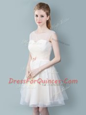 Attractive Straps Cap Sleeves Knee Length Zipper Quinceanera Court of Honor Dress Champagne for Prom and Party and Wedding Party with Ruching and Bowknot