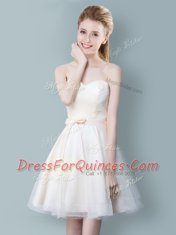 Attractive Straps Cap Sleeves Knee Length Zipper Quinceanera Court of Honor Dress Champagne for Prom and Party and Wedding Party with Ruching and Bowknot