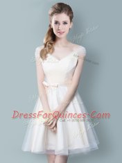 Attractive Straps Cap Sleeves Knee Length Zipper Quinceanera Court of Honor Dress Champagne for Prom and Party and Wedding Party with Ruching and Bowknot