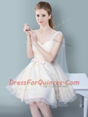 Attractive Straps Cap Sleeves Knee Length Zipper Quinceanera Court of Honor Dress Champagne for Prom and Party and Wedding Party with Ruching and Bowknot