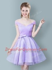 High End Ruching and Bowknot Dama Dress for Quinceanera Lavender Zipper Cap Sleeves Knee Length