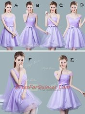 High End Ruching and Bowknot Dama Dress for Quinceanera Lavender Zipper Cap Sleeves Knee Length