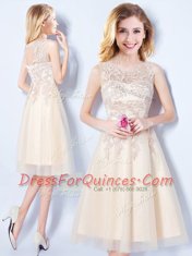 Cute Scoop Champagne Sleeveless Knee Length Appliques Lace Up Dama Dress