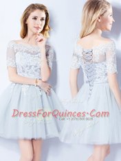 Off the Shoulder Light Blue A-line Lace Court Dresses for Sweet 16 Lace Up Tulle Short Sleeves Mini Length
