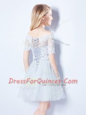 Off the Shoulder Light Blue A-line Lace Court Dresses for Sweet 16 Lace Up Tulle Short Sleeves Mini Length