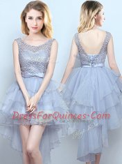 Grey Lace Up Scoop Lace and Ruffles and Belt Dama Dress for Quinceanera Organza and Lace Sleeveless