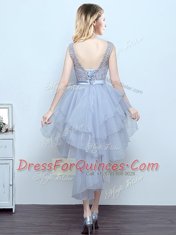 Grey Lace Up Scoop Lace and Ruffles and Belt Dama Dress for Quinceanera Organza and Lace Sleeveless