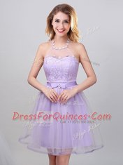 Hot Sale Lavender A-line Tulle Halter Top Sleeveless Lace and Appliques and Belt Mini Length Lace Up Quinceanera Court of Honor Dress