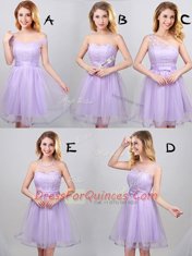Hot Sale Lavender A-line Tulle Halter Top Sleeveless Lace and Appliques and Belt Mini Length Lace Up Quinceanera Court of Honor Dress