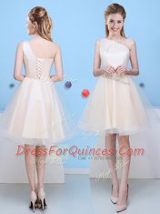 One Shoulder Bowknot Quinceanera Court of Honor Dress Champagne Lace Up Sleeveless Knee Length